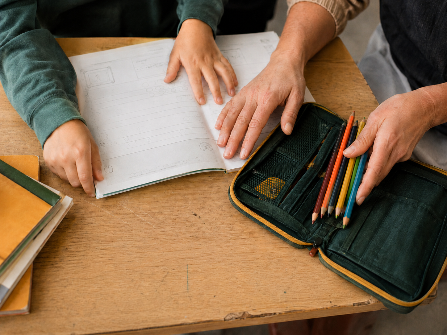 Kind und Schulbegleitung arbeiten gemeinsam an einem Schreibtisch