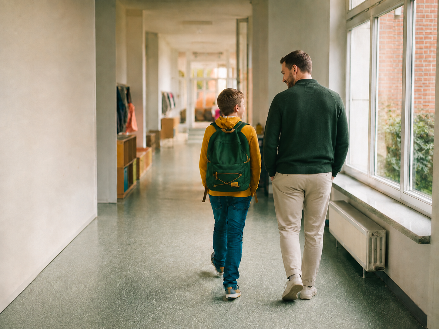 Ein Kind geht gemeinsam mit seiner Schulbegleitung durch einen hellen Schulflur